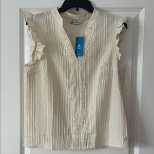 Cupshe Cream Lace-Trim Sleeveless Ruffle-Shoulder Blouse